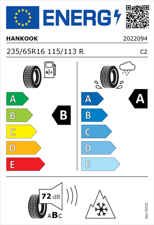Tyre Label for Hankook Vantra Transit (RA58) 235/65R16 115/113R